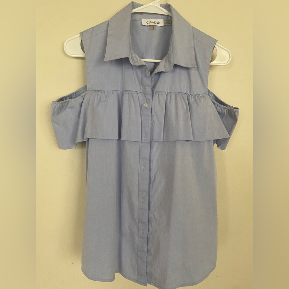 Calvin Klein Blue Sleeveless Ruffled Blouse